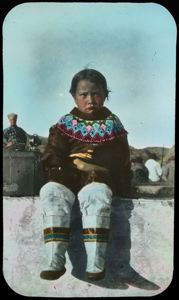 Image of West Greenland Girl in Dress Costume, MacMillan in Background